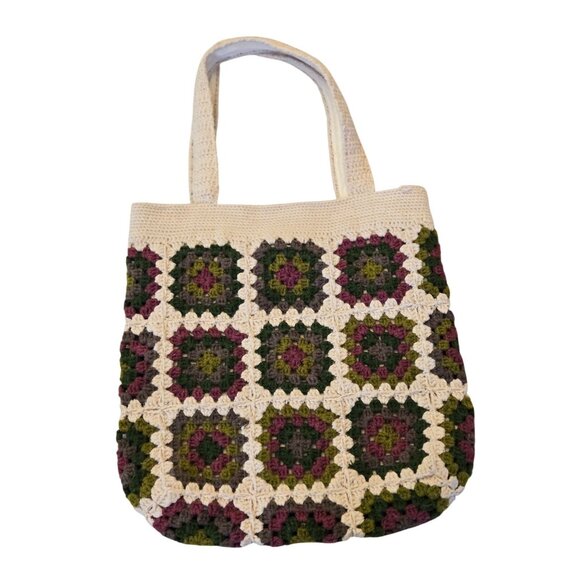 Handmade Crochet Granny Square Tote Bag With Multicolor Pattern & Beige Base - Picture 2 of 11